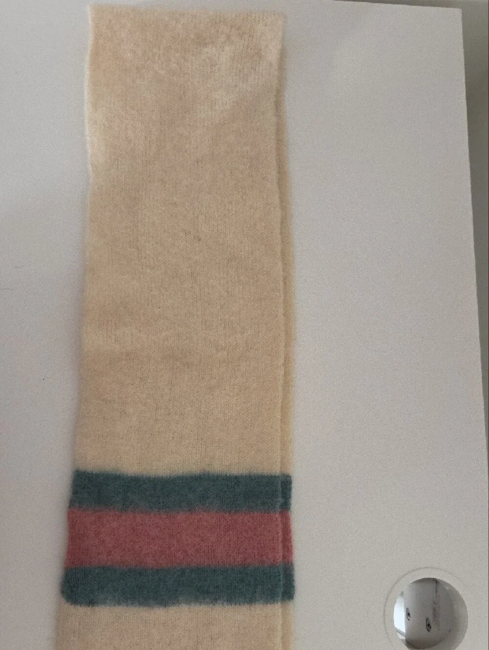 Vintage Eider Knit Cream Wool Scarf with Blue-Green and Dusty Pink Stripes